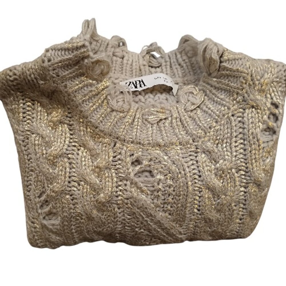 ZARA Cream with Metallic Gold Shimmer Wool Blend Crop Crew Cable Knit Sweater - Picture 12 of 12
